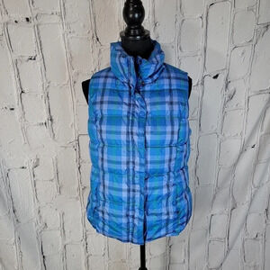 OLD‎ NAVY Puffer Vest Womens Blue Plaid Full Zip Fleece Lined Fall Winter Casual
